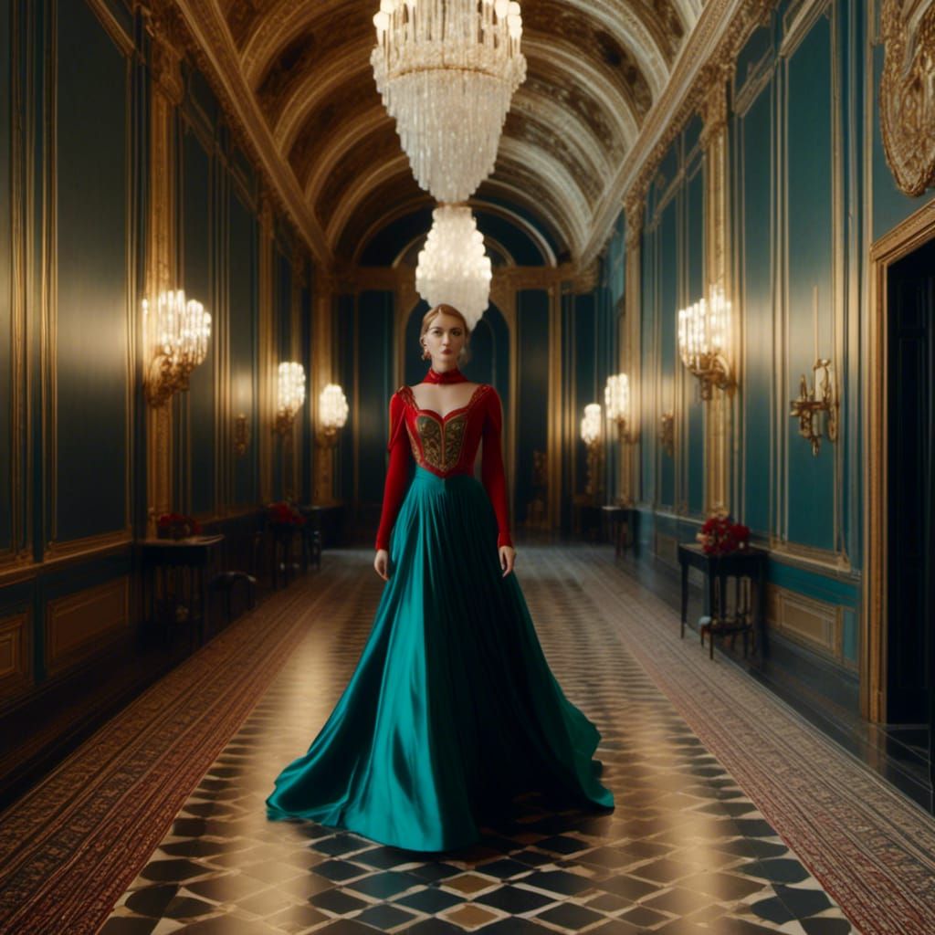 Victorian era princess walking down a palace hallway towards camera. Green, red, gold with blue. <lora:Gridrunners v1:1....