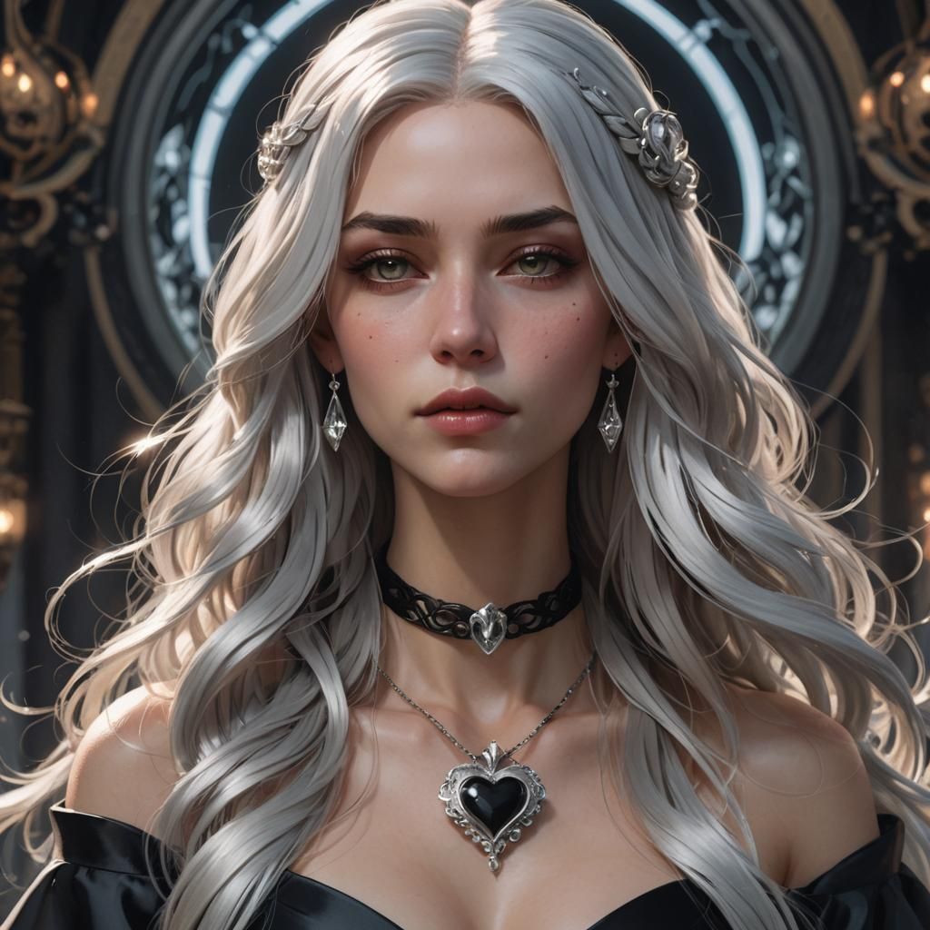 Girl with White Hair in Black Gown, Digital Portrait