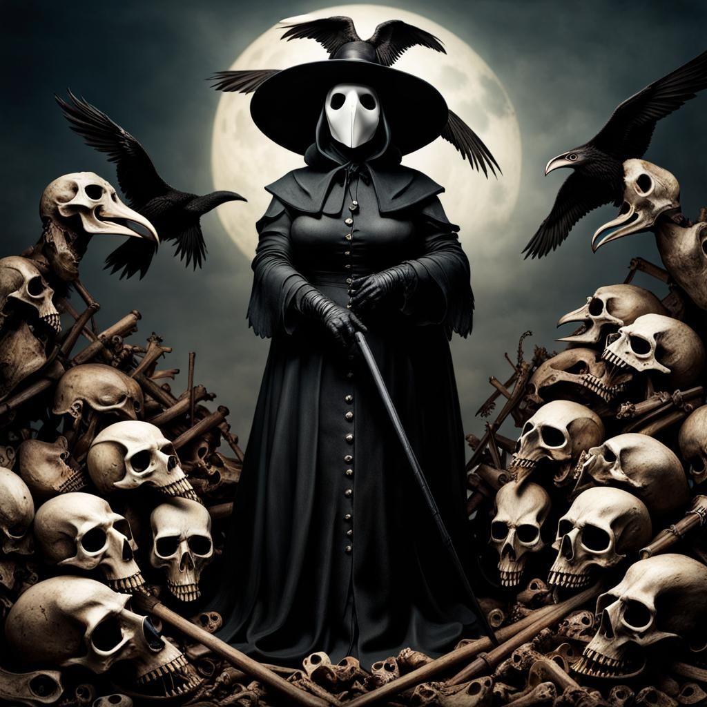 Voluptuous Plague Doctor on Bones in Horror Style