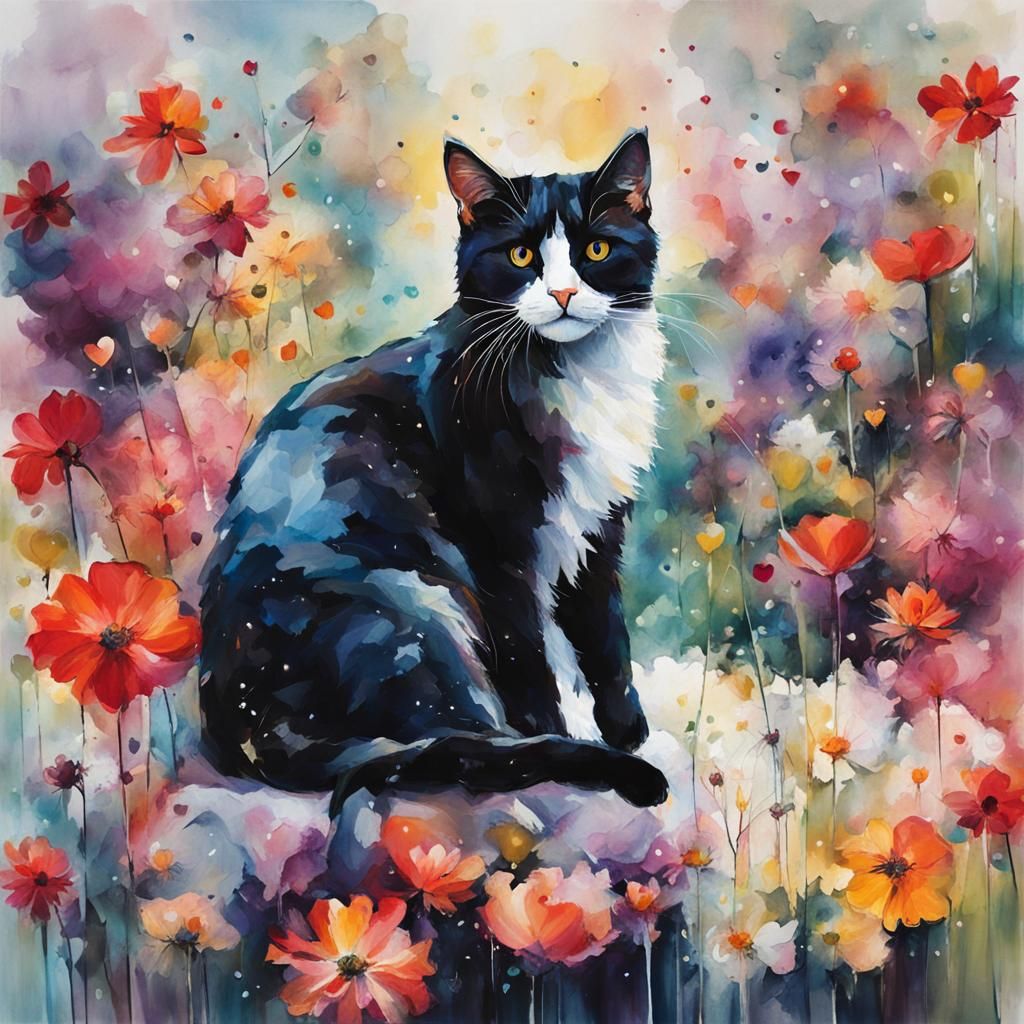 Watercolor Cat Surrounded by Flowers and Lights