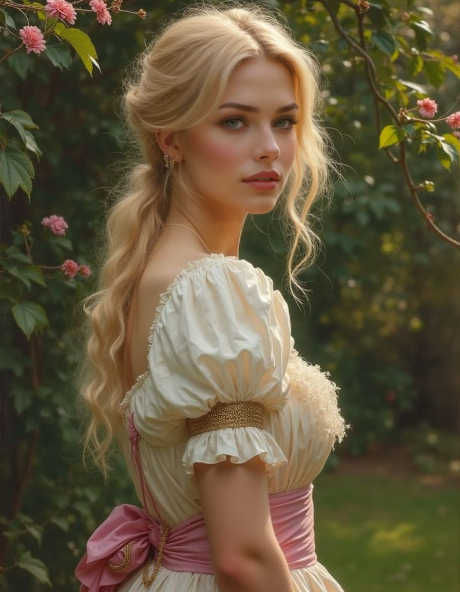 Regency Era Woman in Romantic Garden Oil Painting