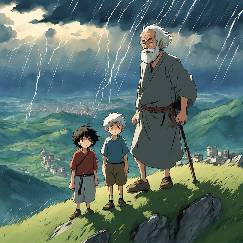 Italian Family Awaits Storm in Ghibli Anime Style