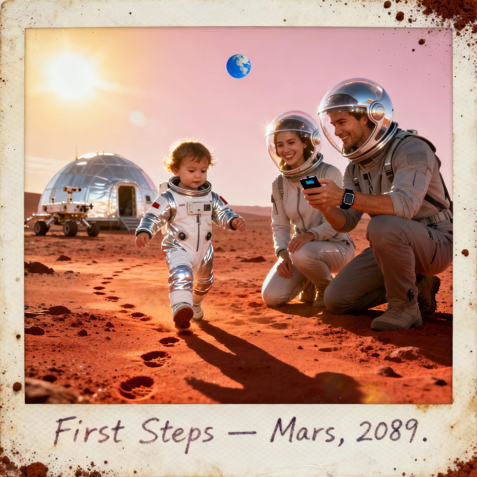 Family's First Steps on Mars in Vintage Polaroid Photo