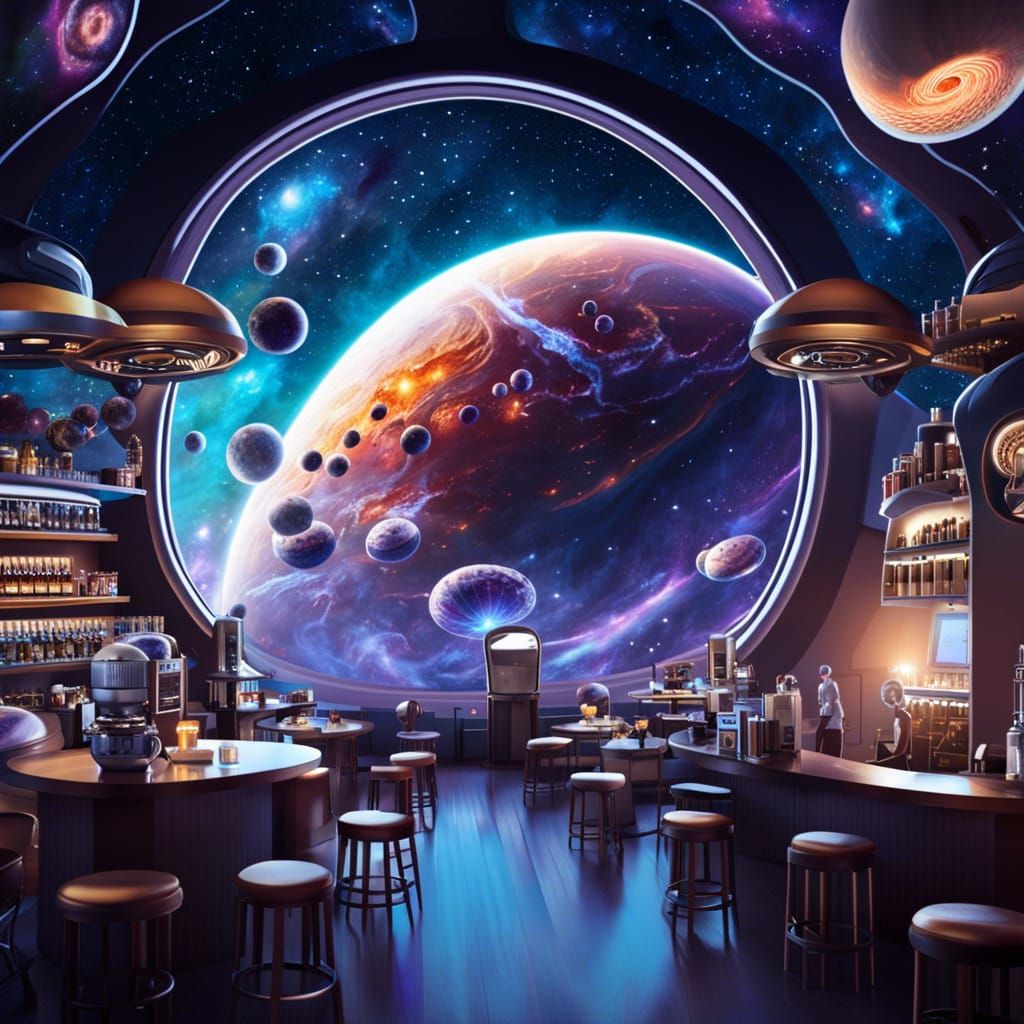 Futuristic Space Coffee Shop with Octopus Barista