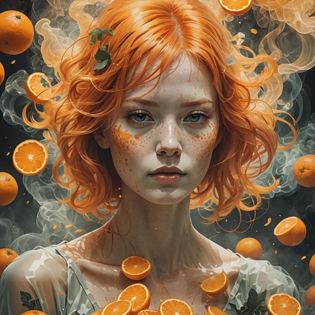 Glowing Orange-Haired Woman in Double Exposure Style