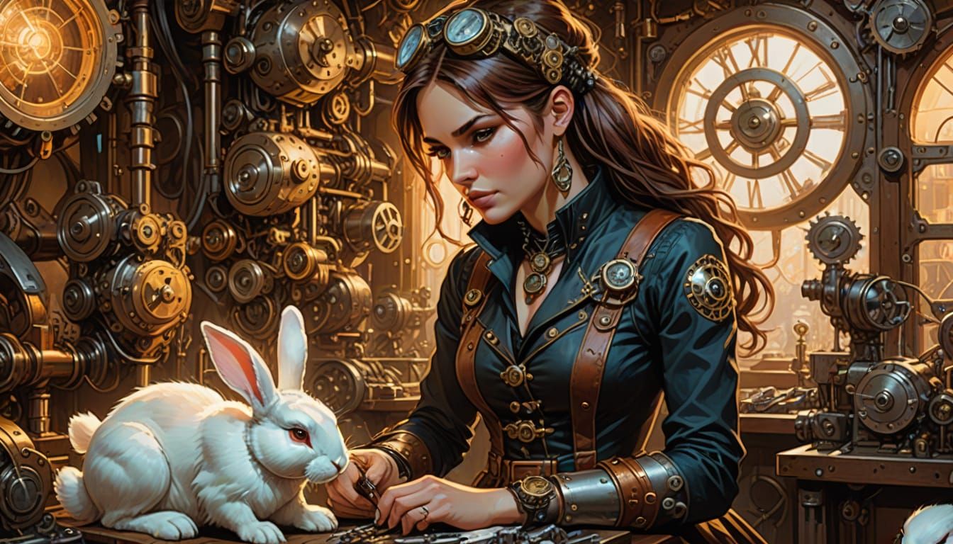 Steampunk Woman in Workshop, Comic Book Style