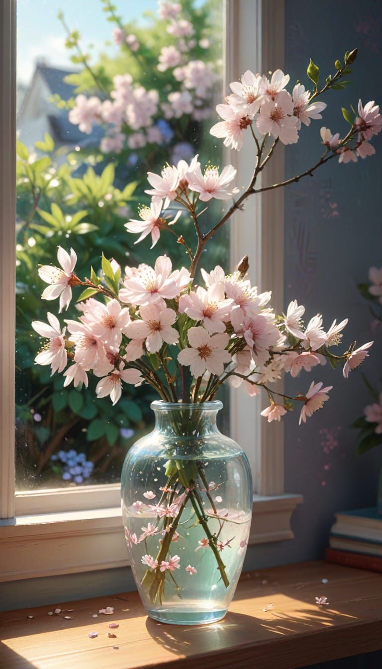 Ethereal Cherry Blossom Scene in Anime-Inspired Digital Pain...