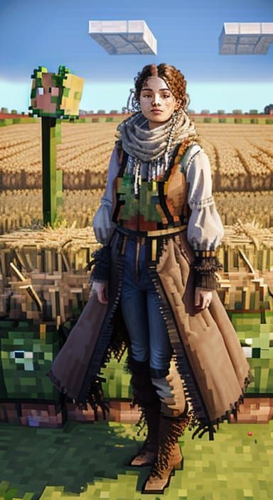 Steampunk Farm Girl in Intricate Cyberpunk Landscape