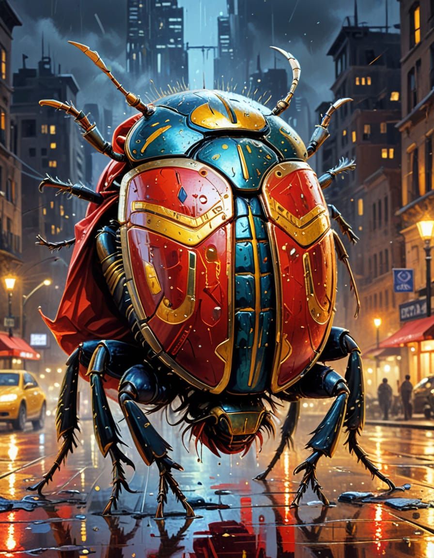 Steampunk Egyptian Scarab Beetle in Cityscape Painting
