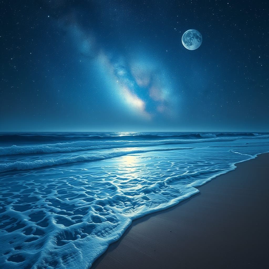 Glowing Beach Under Starry Night Sky