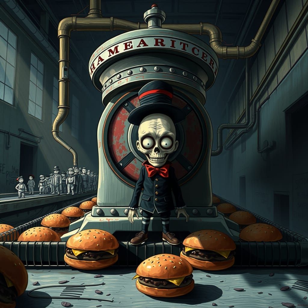 Surreal Dark Fantasy Burger Factory Scene