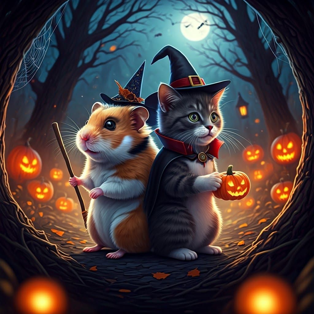 Halloween Hamster Witch and Vampire Cat