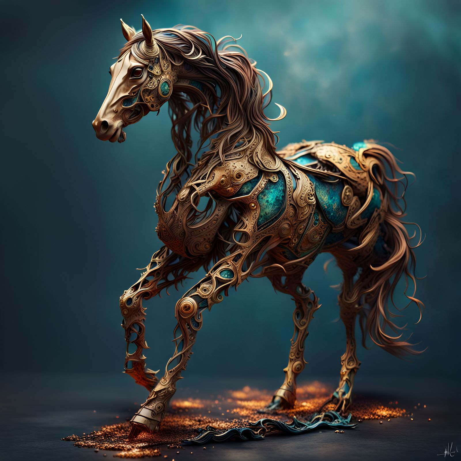 Cosmic Horse Sculpture with Gold Filigree