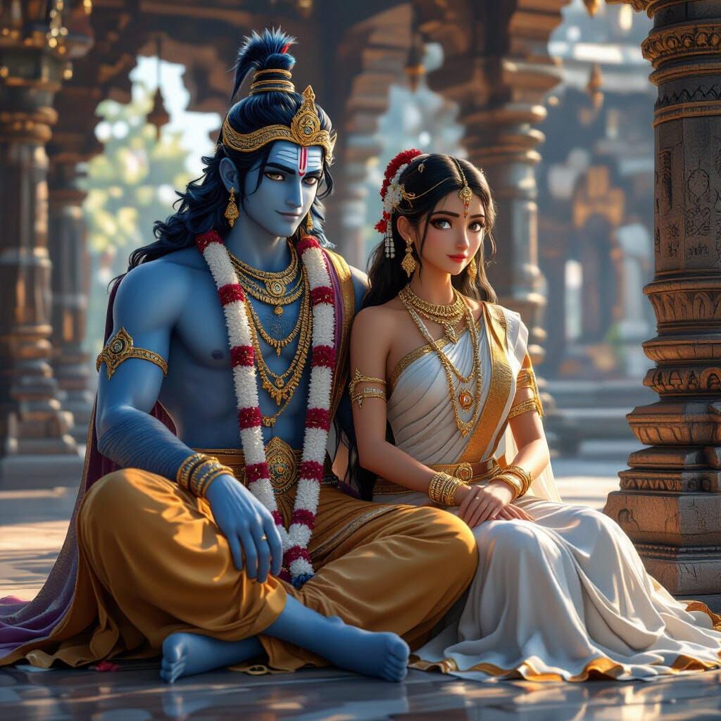 Anime Lord Rama and Sita in Serene Temple Setting
