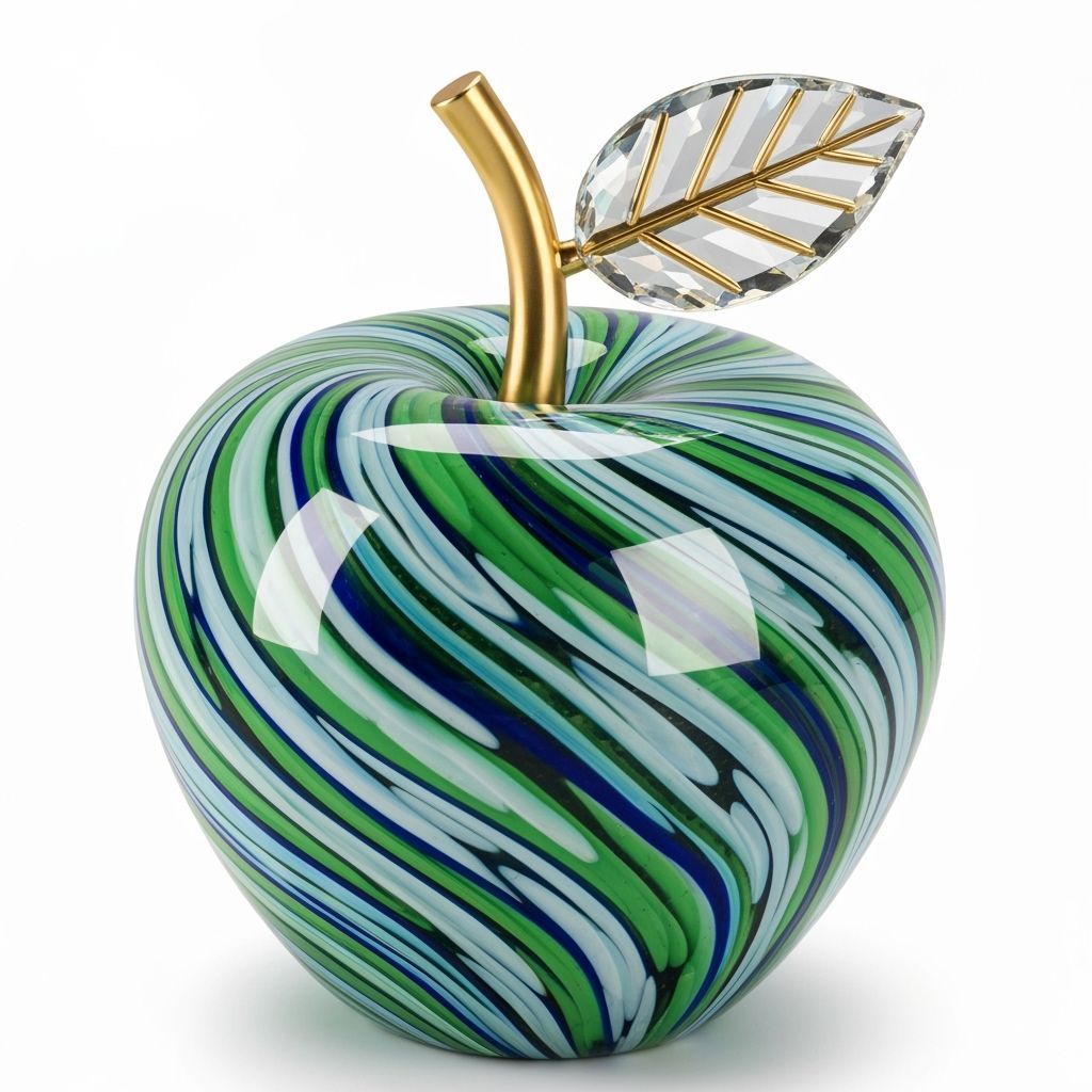 Glass Apple Sculpture with Crystal Leaf and Golden Stem