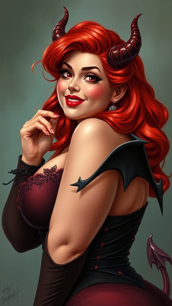 Seductive Devil Woman with Fiery Hair, Fantasy Art