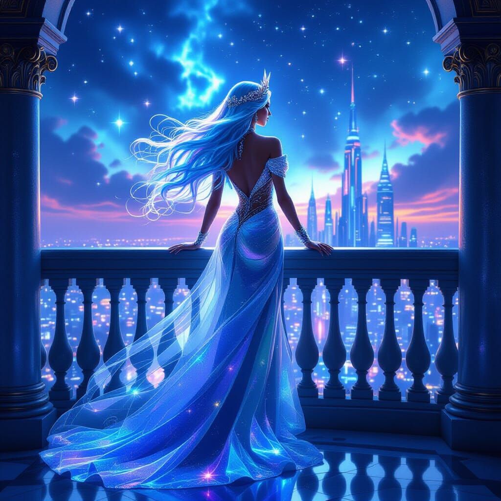 Celestial Queen Overlooks Futuristic Cityscape