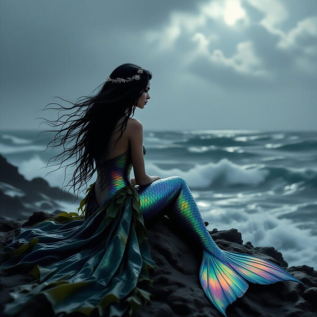 Mermaid on Stormy Coast in Atmospheric Black and White