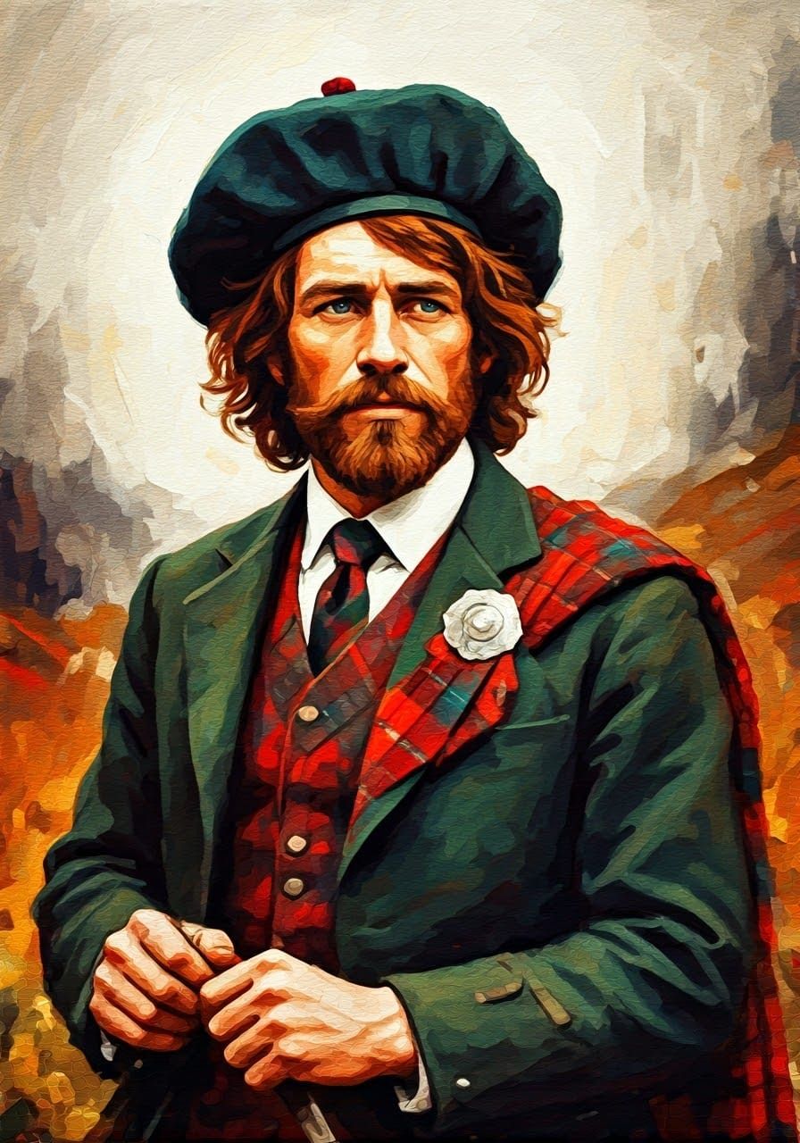 Bold Scotsman in Tartan, as Impasto Painting