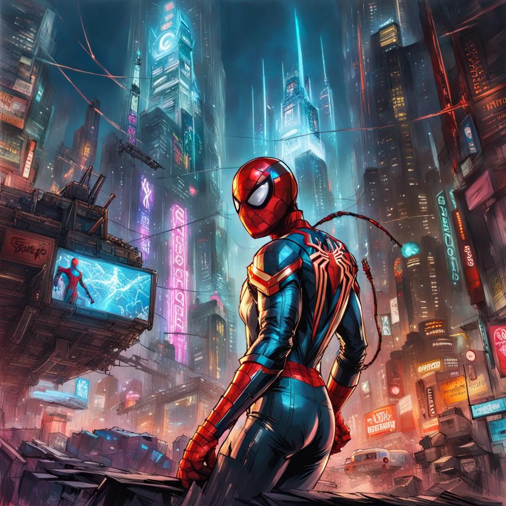Cyberpunk Spider-Man in Robotic Armor