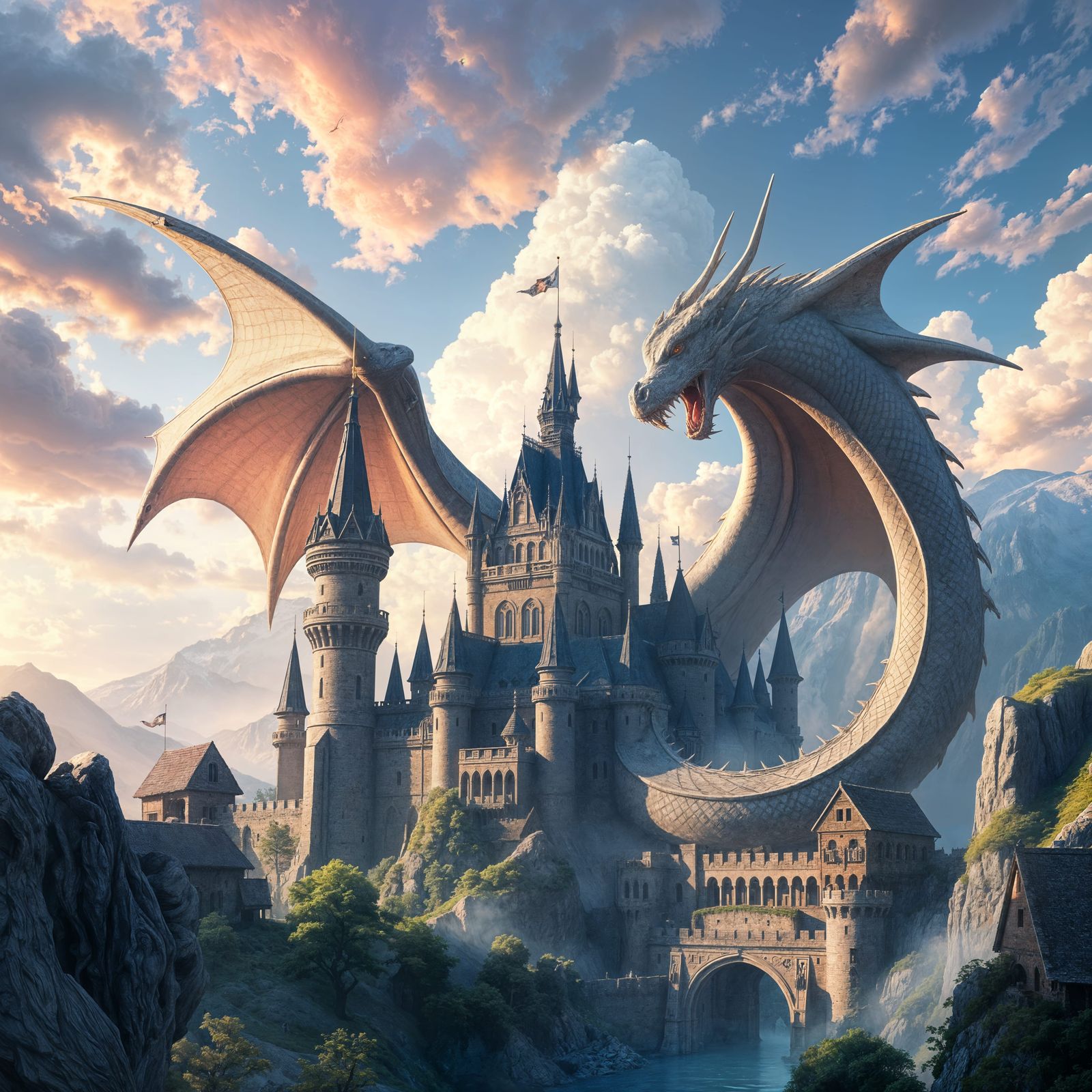 Epic Dragon Swirls Around Majestic Castle in Cyberpunk Style