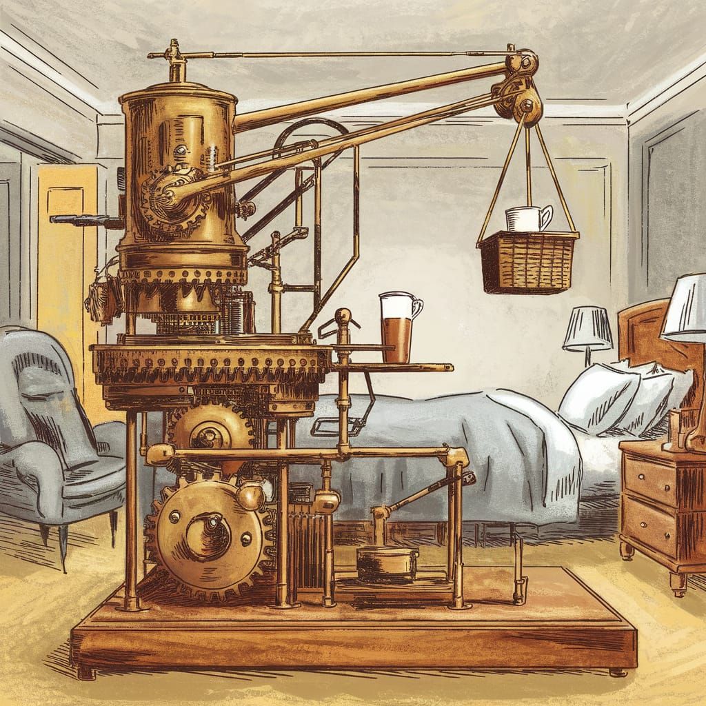 Heath Robinson Coffee Delivery Contraption Illustration