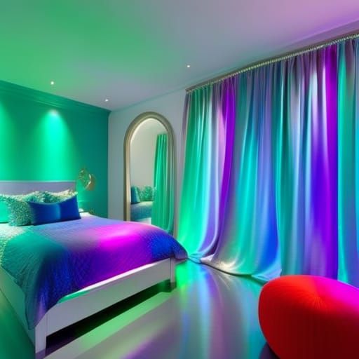 Iridescent Mermaid bedroom with iridescent blue walls with iridescent green accents& iridescent purple accents& sliver w...