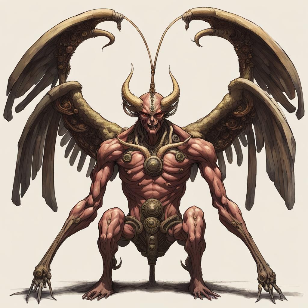 Mahoraga, muscular humanoid figure with four wings protrudin...