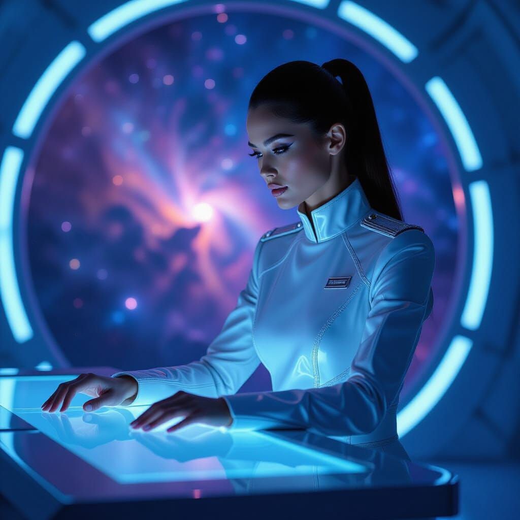 Futuristic Model in Iridescent Couture Near Nebula Console