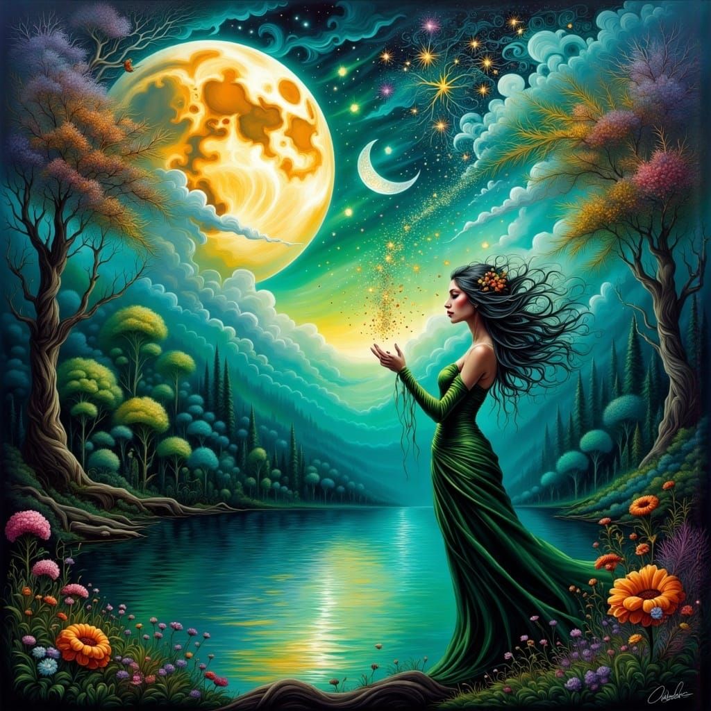 Mystical Woman Breathes Stars, Impasto Oil Painting