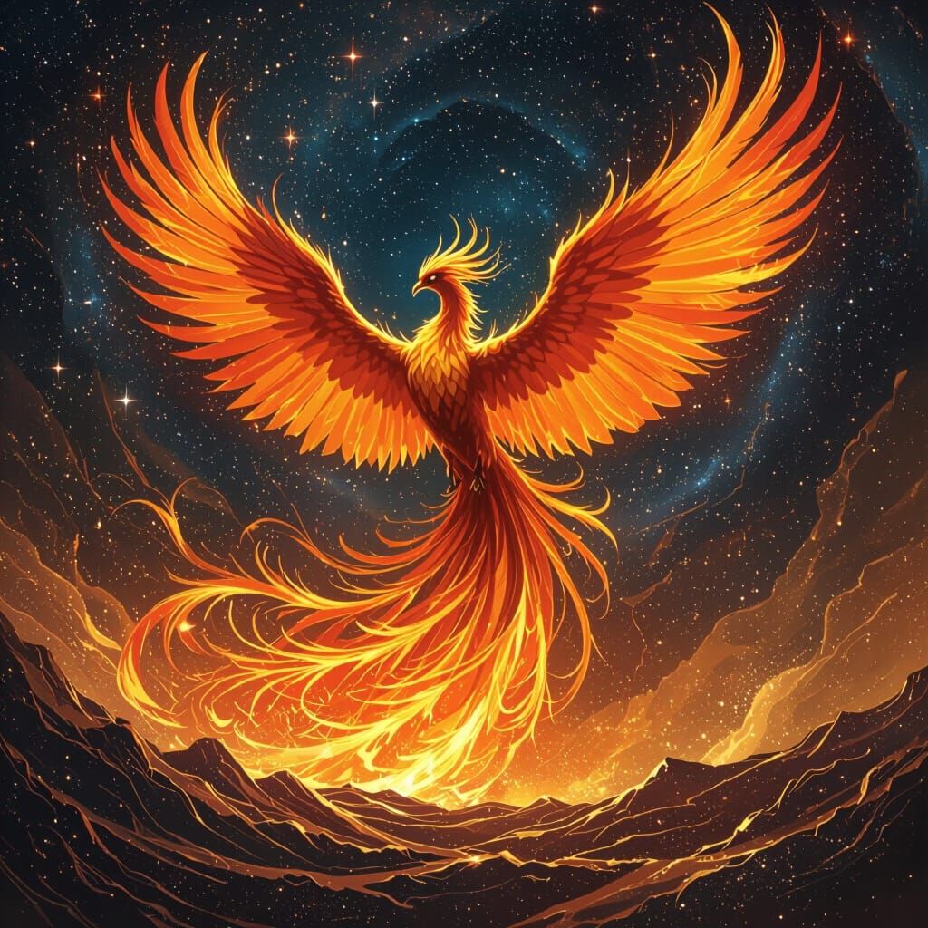 Phoenix Rising in Cosmic Fire, Frazetta Style