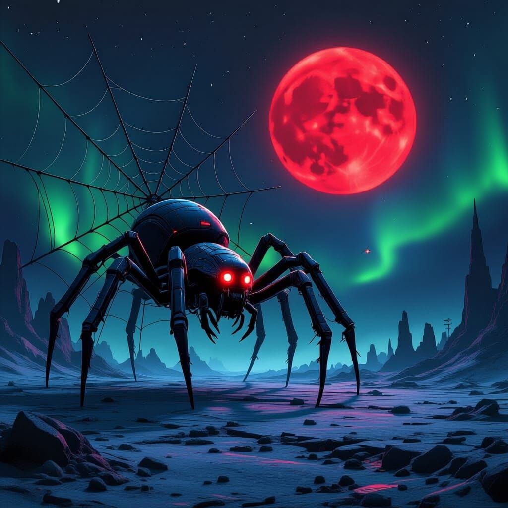 Black Mechanical Spider Creature in Gothic Wasteland