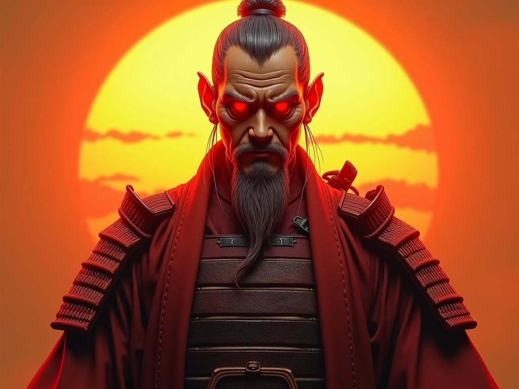Pickle Samurai with Glowing Red Eyes in Sunset