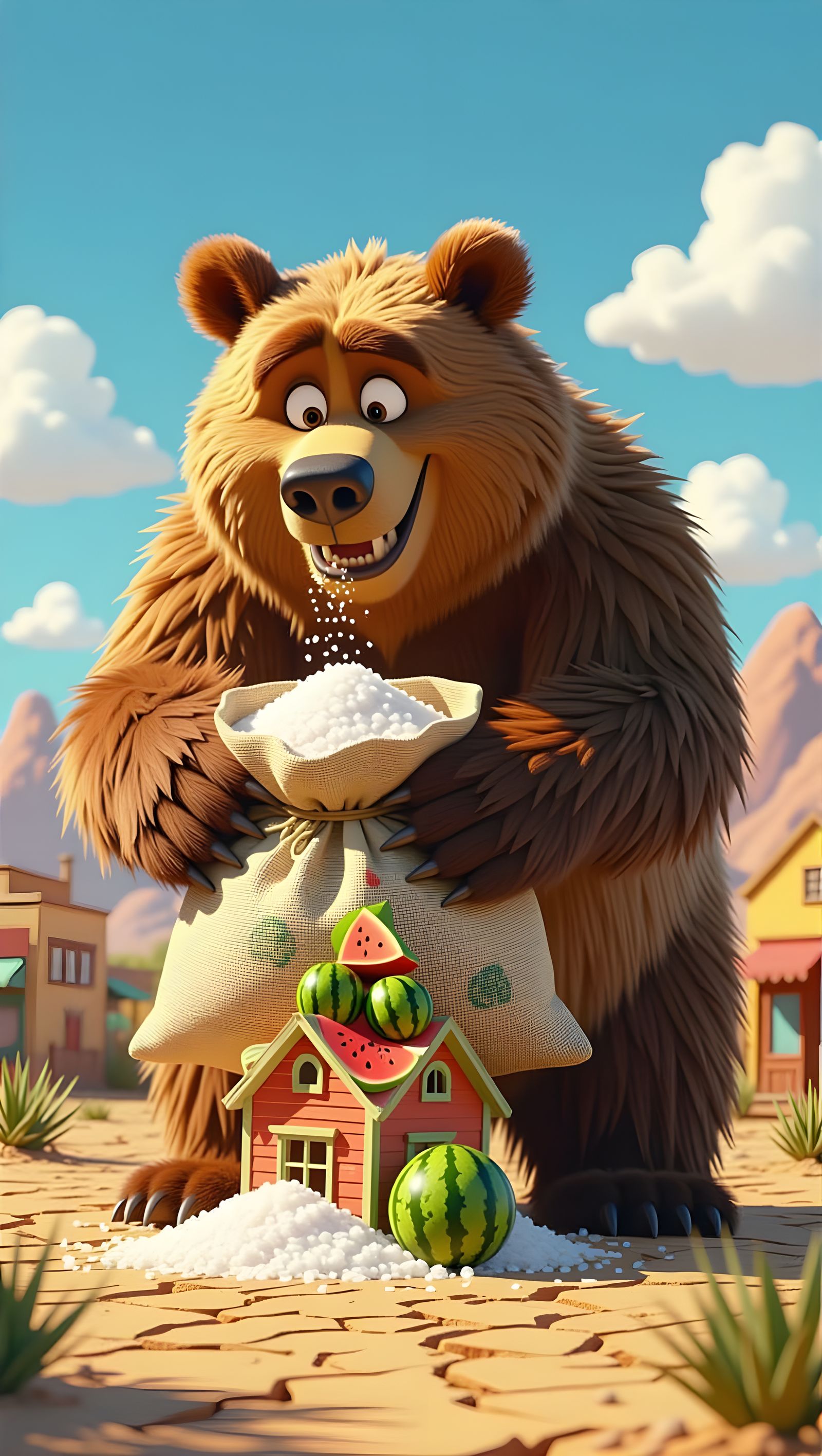 Brown Bear in Desert Town, Pouring Salt on Watermelon House
