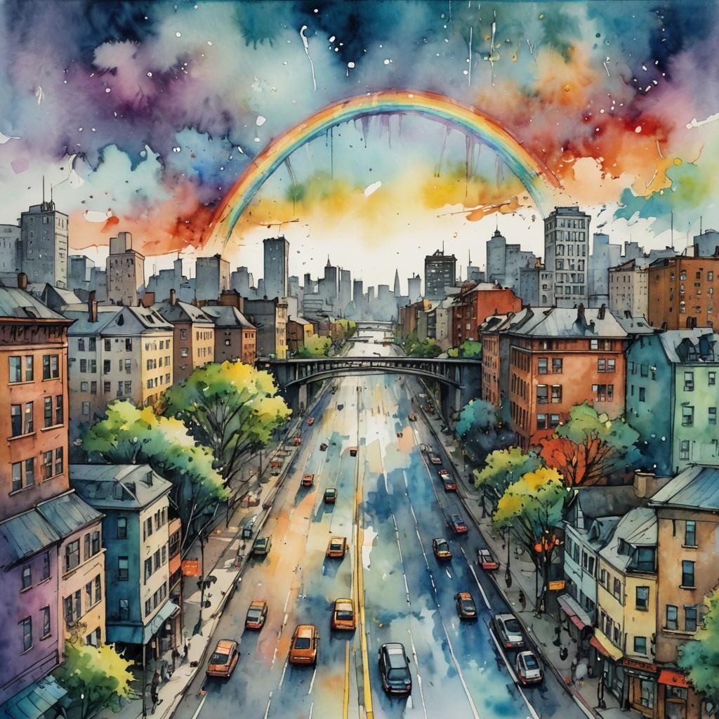 Rainbow Bridge Over City Street Watercolor