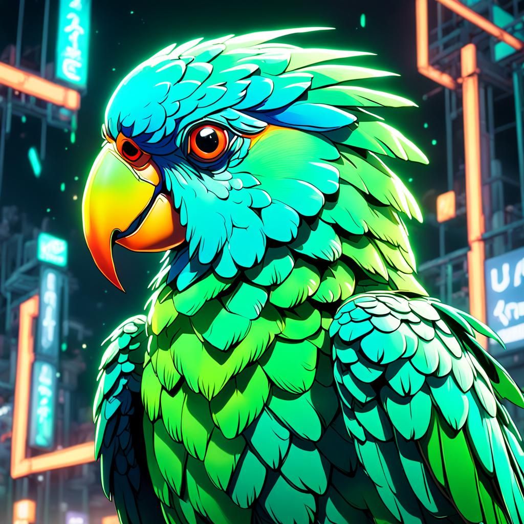 Neon Anime Mint Green Parrot in Detailed Painting