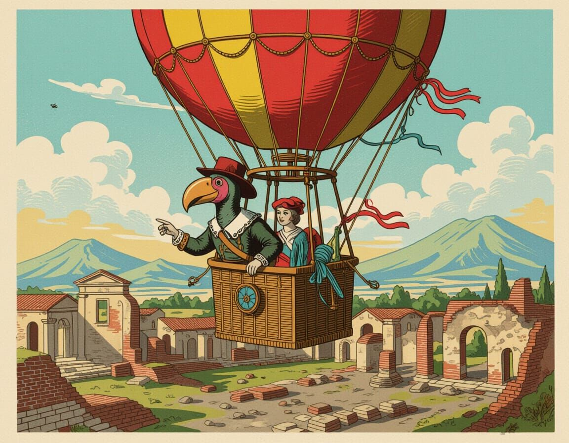 Dodo Explorer Over Pompeii, Book Illustration