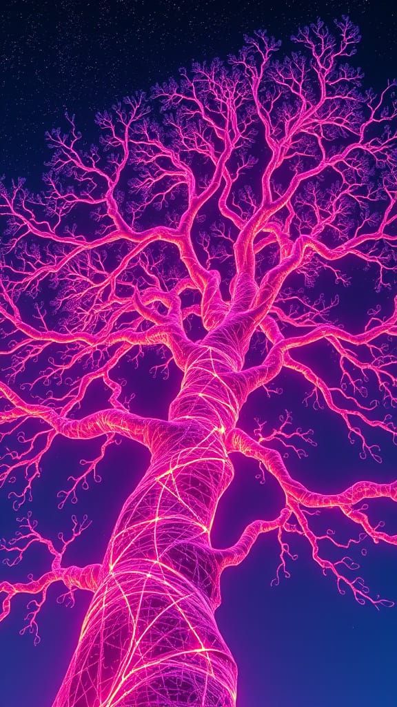 Vibrant Fractal Tree Branches in Neon Futuristic Style