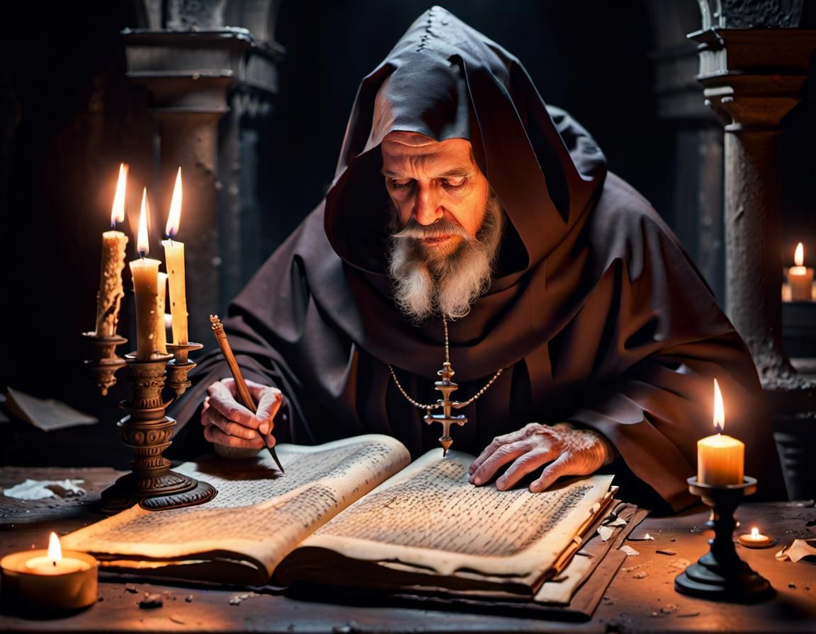 Gothic Friar Reading by Candlelight: Hyperrealistic Art