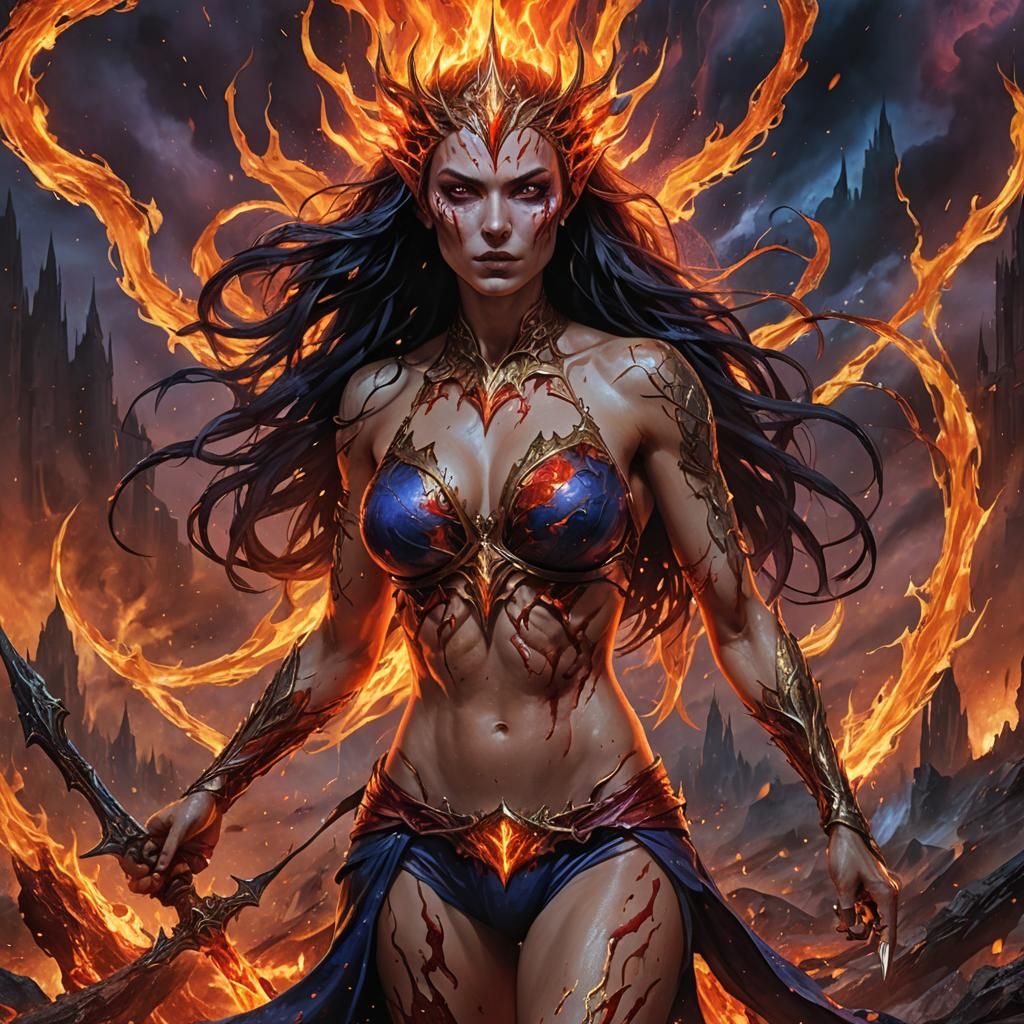 Fierce Female Ruler in Flames, Hyperrealistic Art