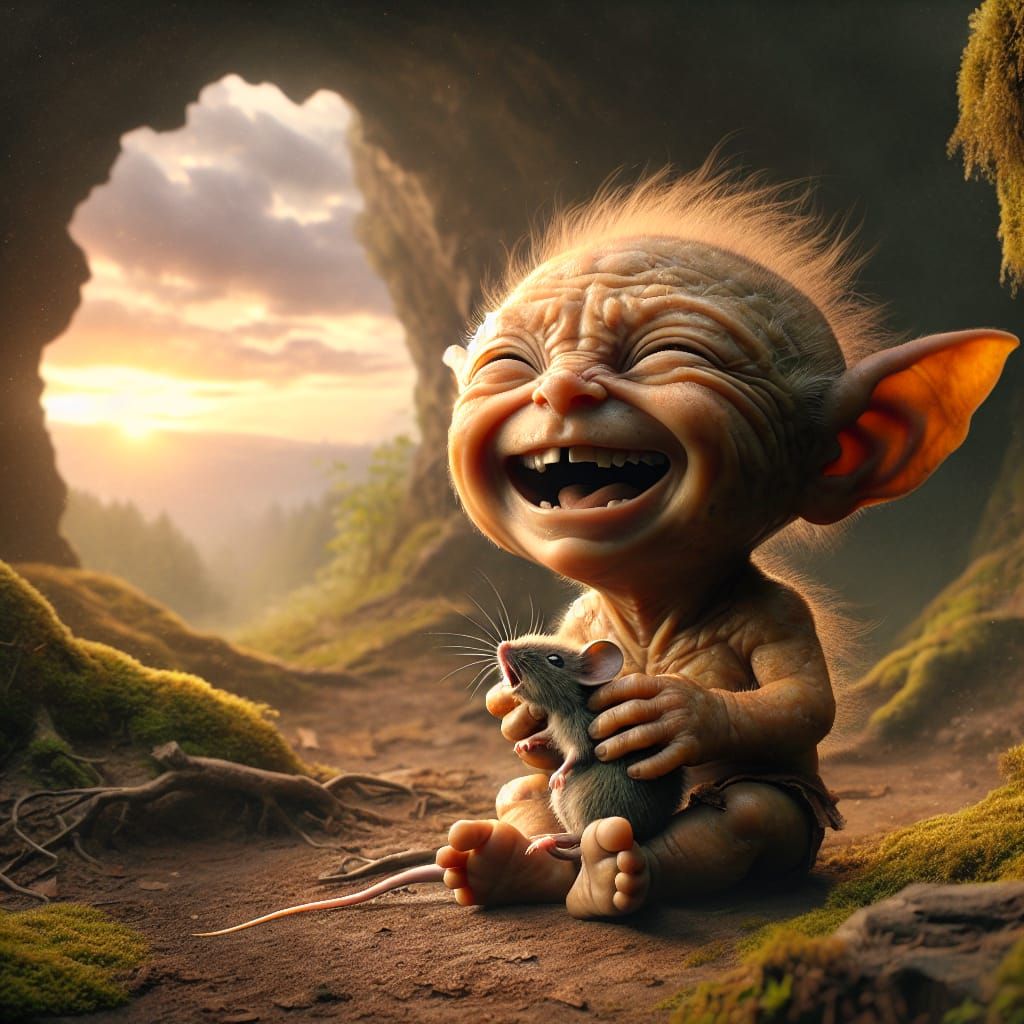 Hyperrealistic Goblin Baby Laughing in Forest Clearing