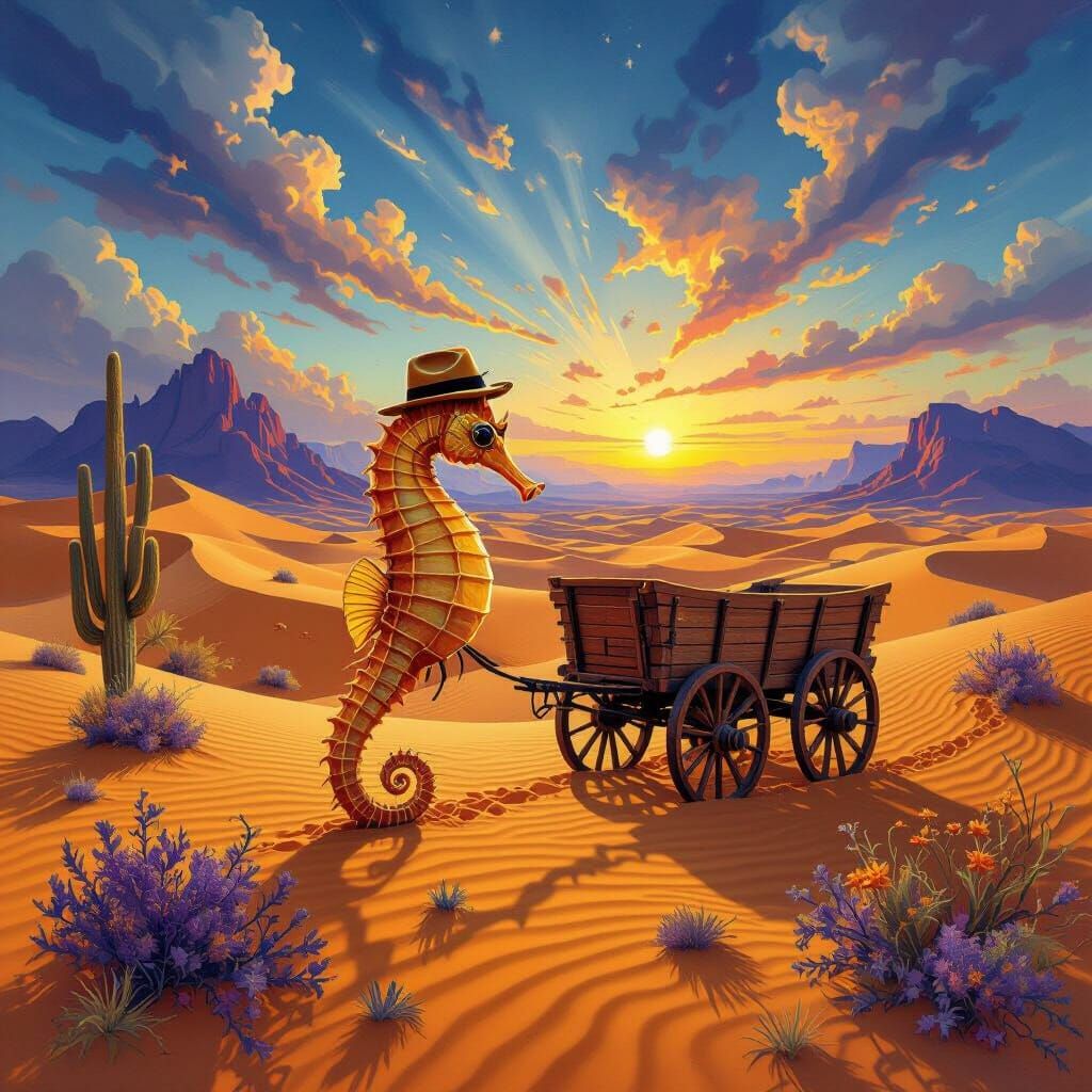 Ethereal Seahorse Pulls Wagon Through Desert Dunes