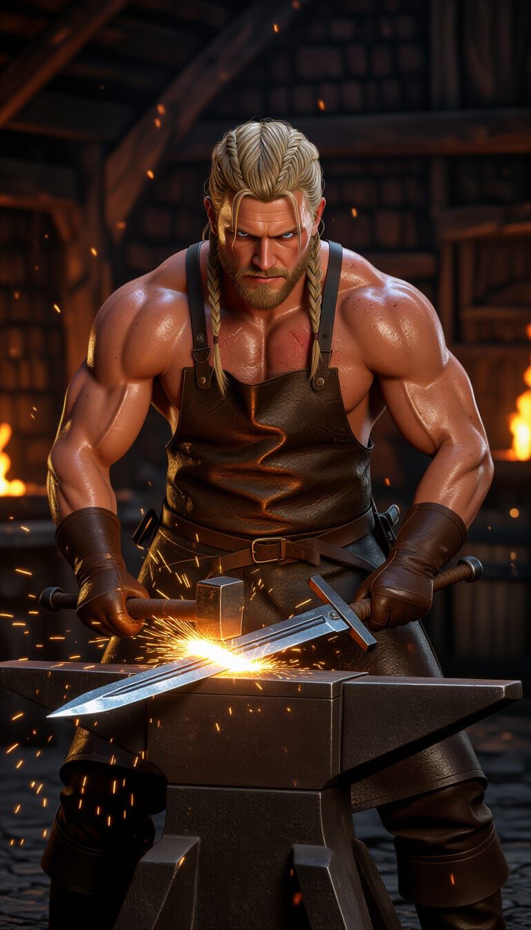 Muscular Blacksmith Forging Sword in Medieval Forge