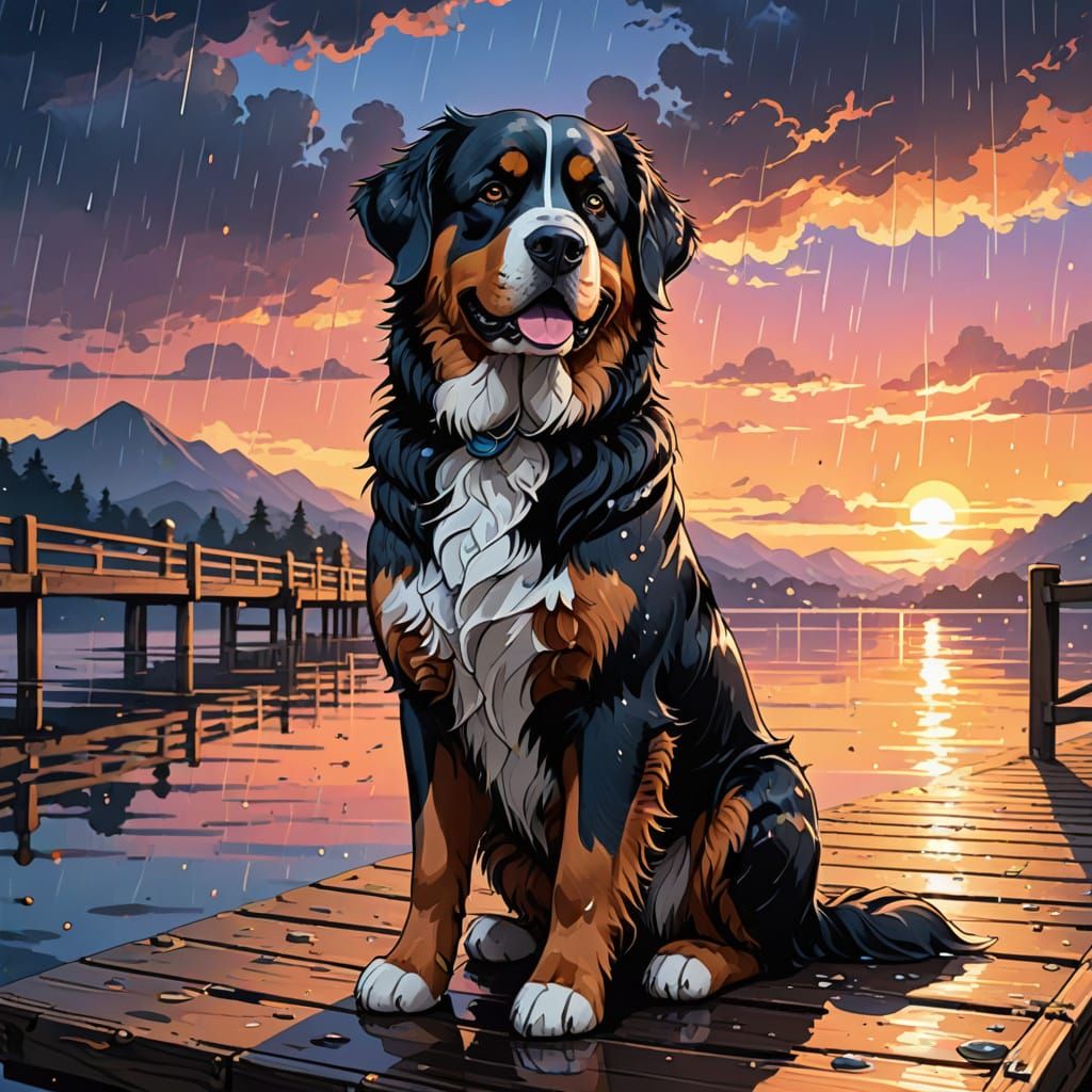 Manga-Inspired Bernese Mountain Dog on Rainy Pier at Sunrise