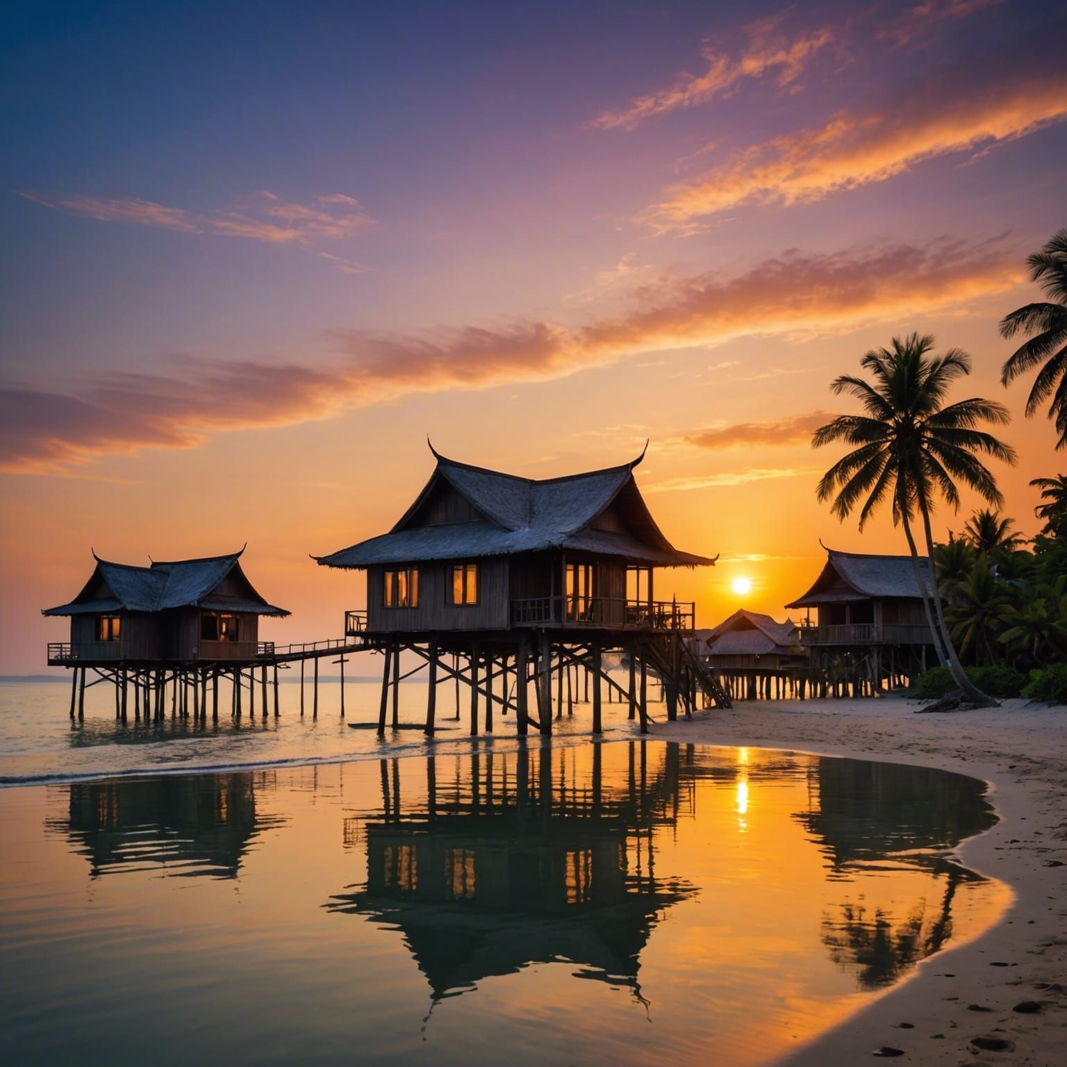 Picturesque Beach Village Sunset with Stilt Houses
