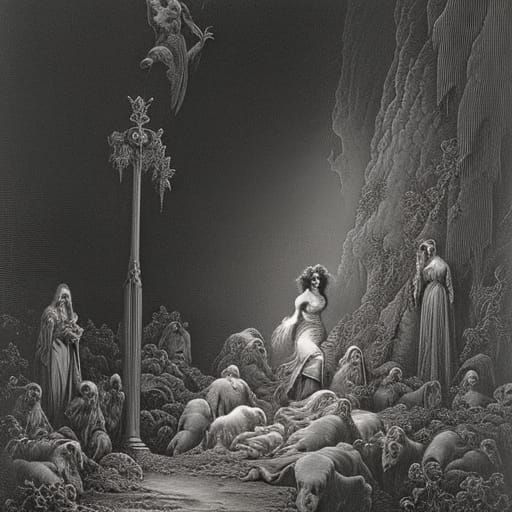 Eerie Horror Engraving in Gustave Doré Style
