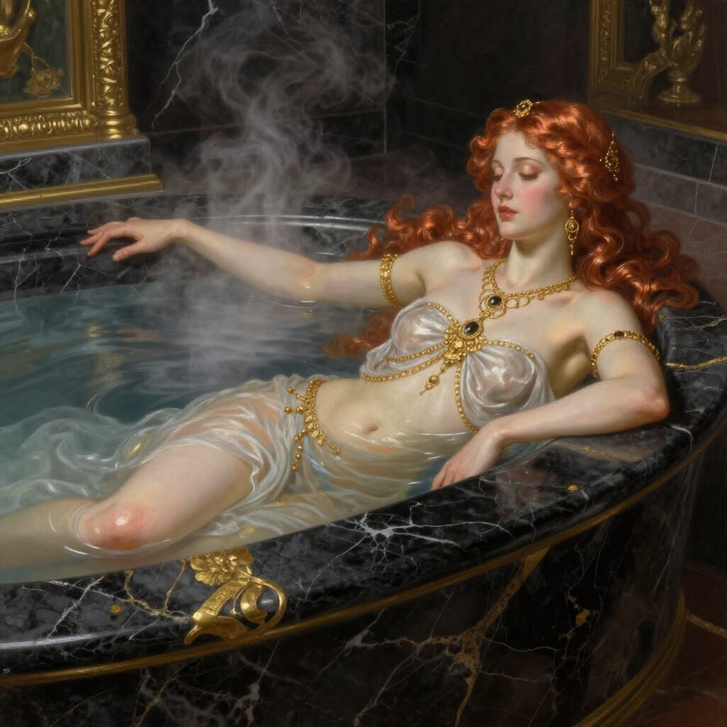 Copper Haired Goddess in Opulent Marble Bath