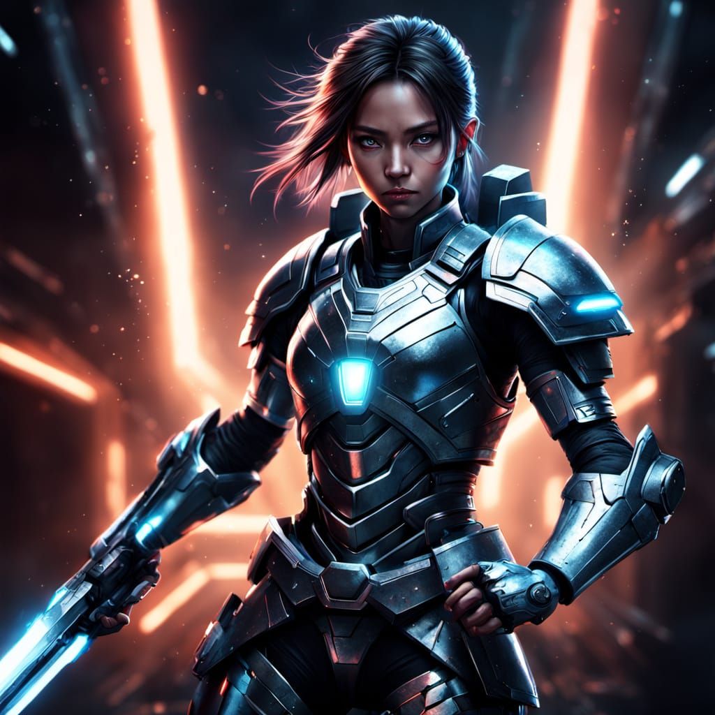 Sci-Fi Female Warrior with Glowing Eyes in Anime Style