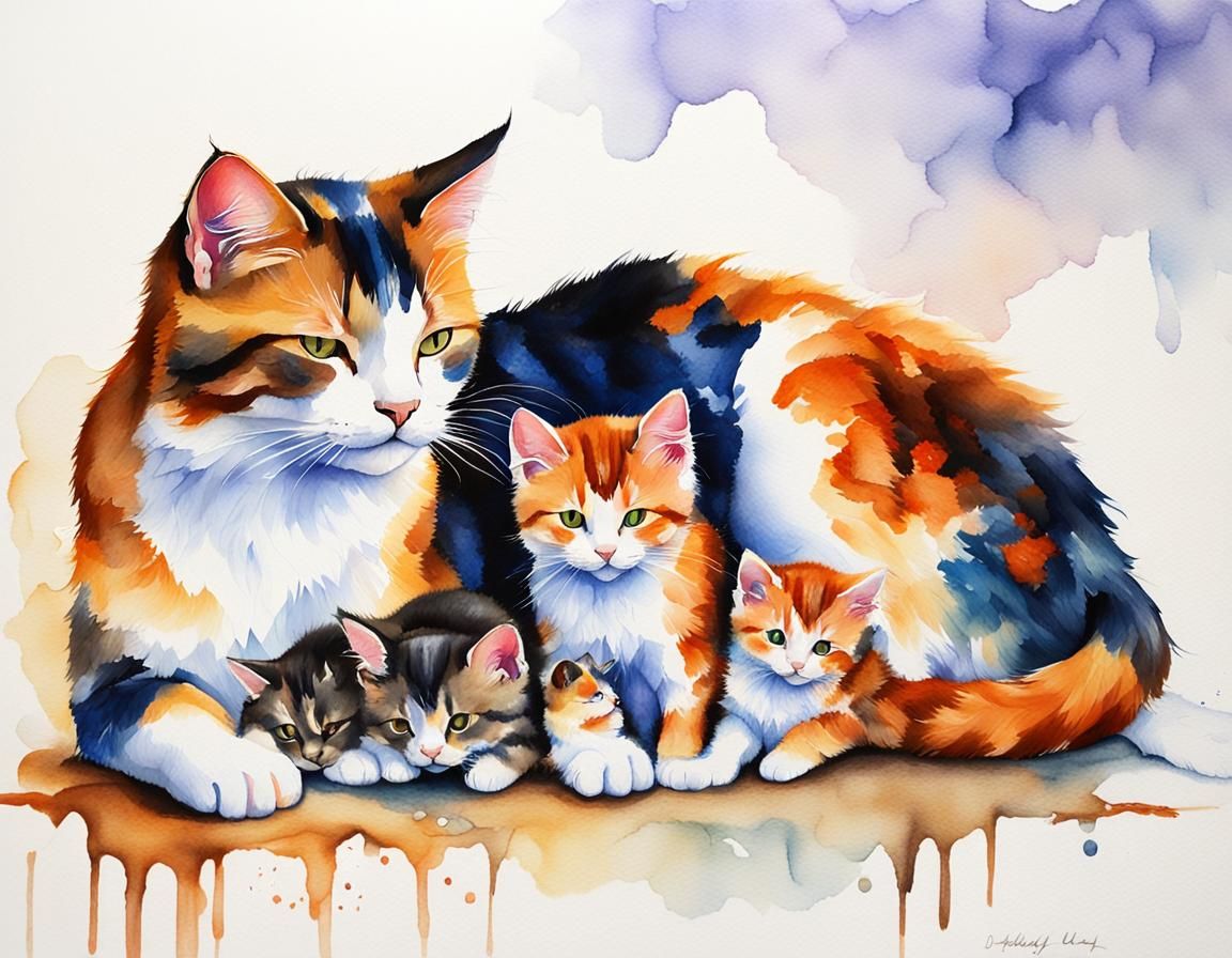 Calico Cat Nursing Kittens in Watercolour Style