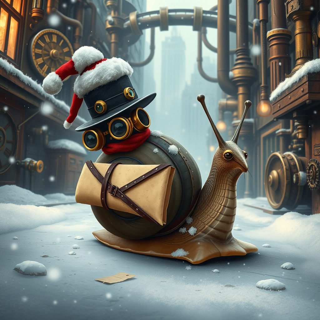 Steampunk Snail Postman in Snowy Cityscape